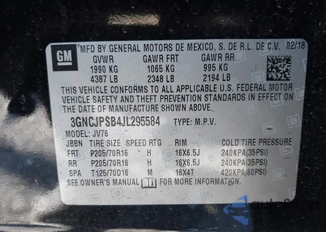 2018 Chevrolet Trax Lt из США, поврежденный, VIN 3GNCJPSB4JL295584